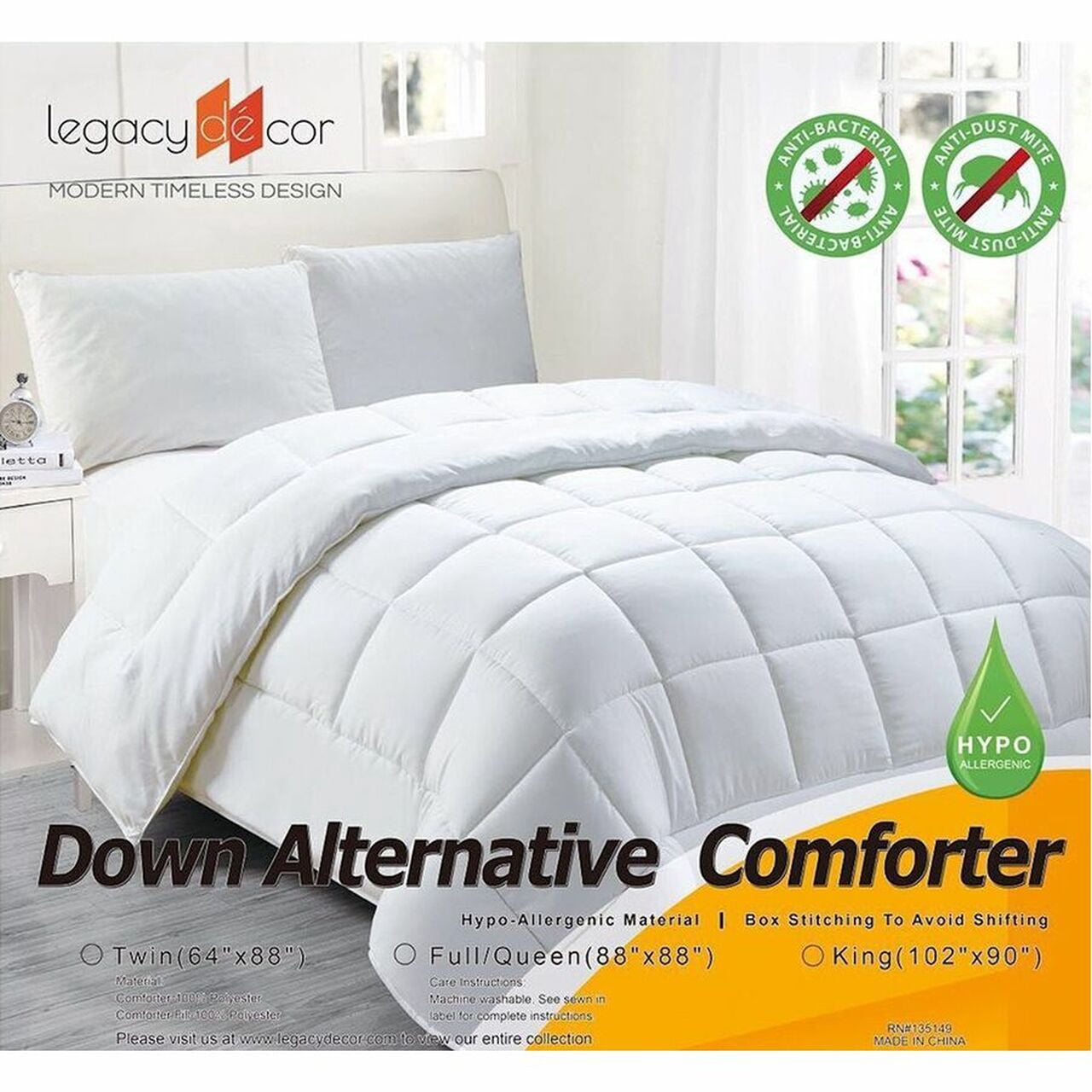 Legacy Decor Down Alternative King Size Comforter, Hypoallergenic Anti-dust Mite Anti-bacterial, White Color