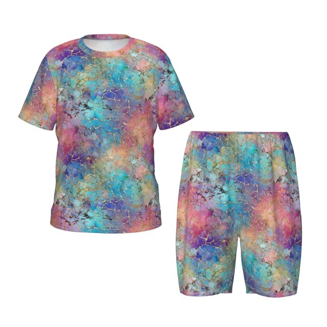 Fotbe blue pink colorful cracked texture Pijama Estampada de 2 Piezas para Niños – Ropa de Dormir de Manga Corta Cómoda para Niños y Niñas, Camiseta y Shorts de Algodón-3X-Large