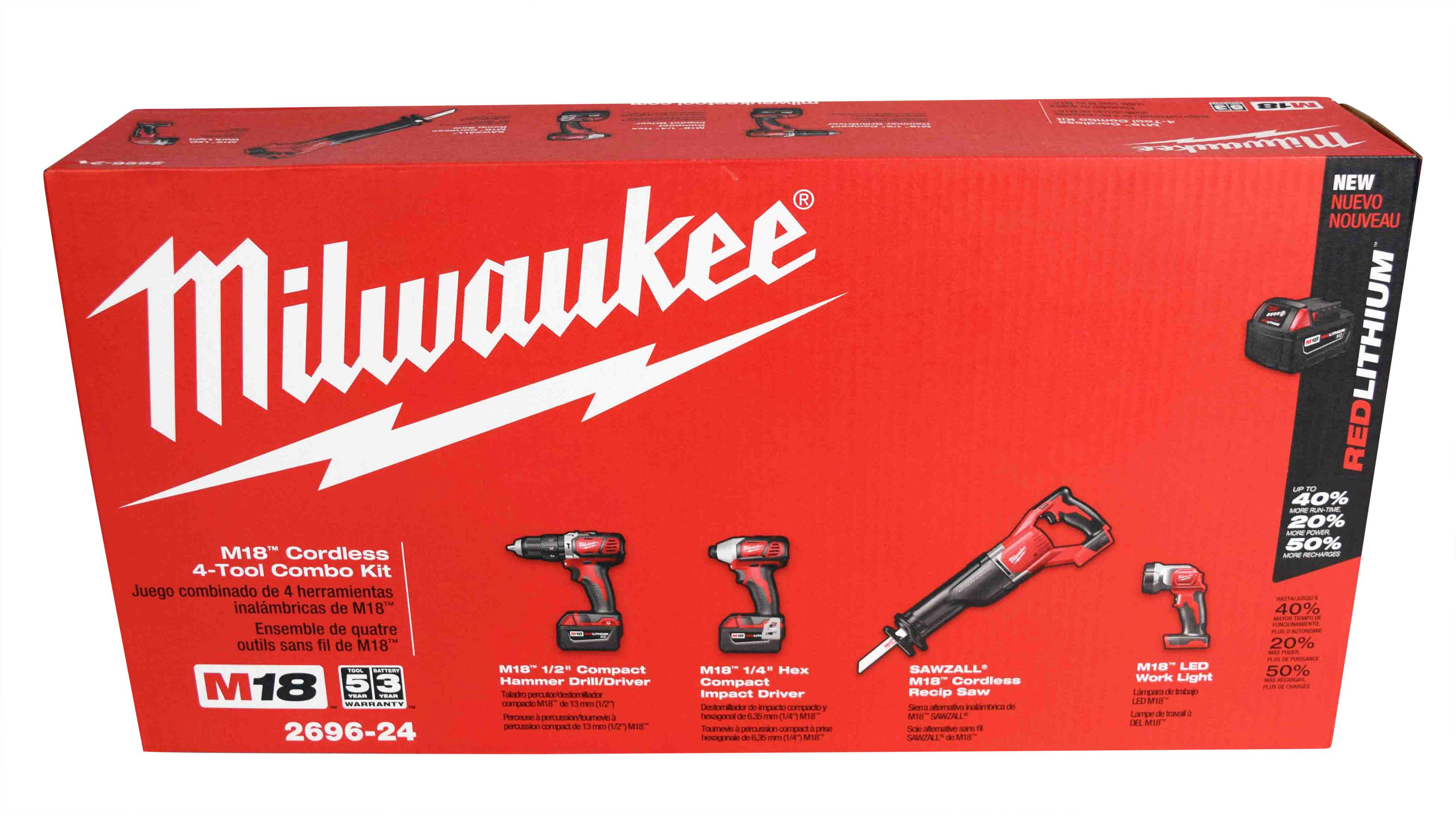 Milwaukee M18 18V Cordless Lithium-Ion 4-Tool Kit (Drill/Driver, Recip Saw, Impact  Driver, Light) 2696-24 with 3Ah Battery, Charger  Bag