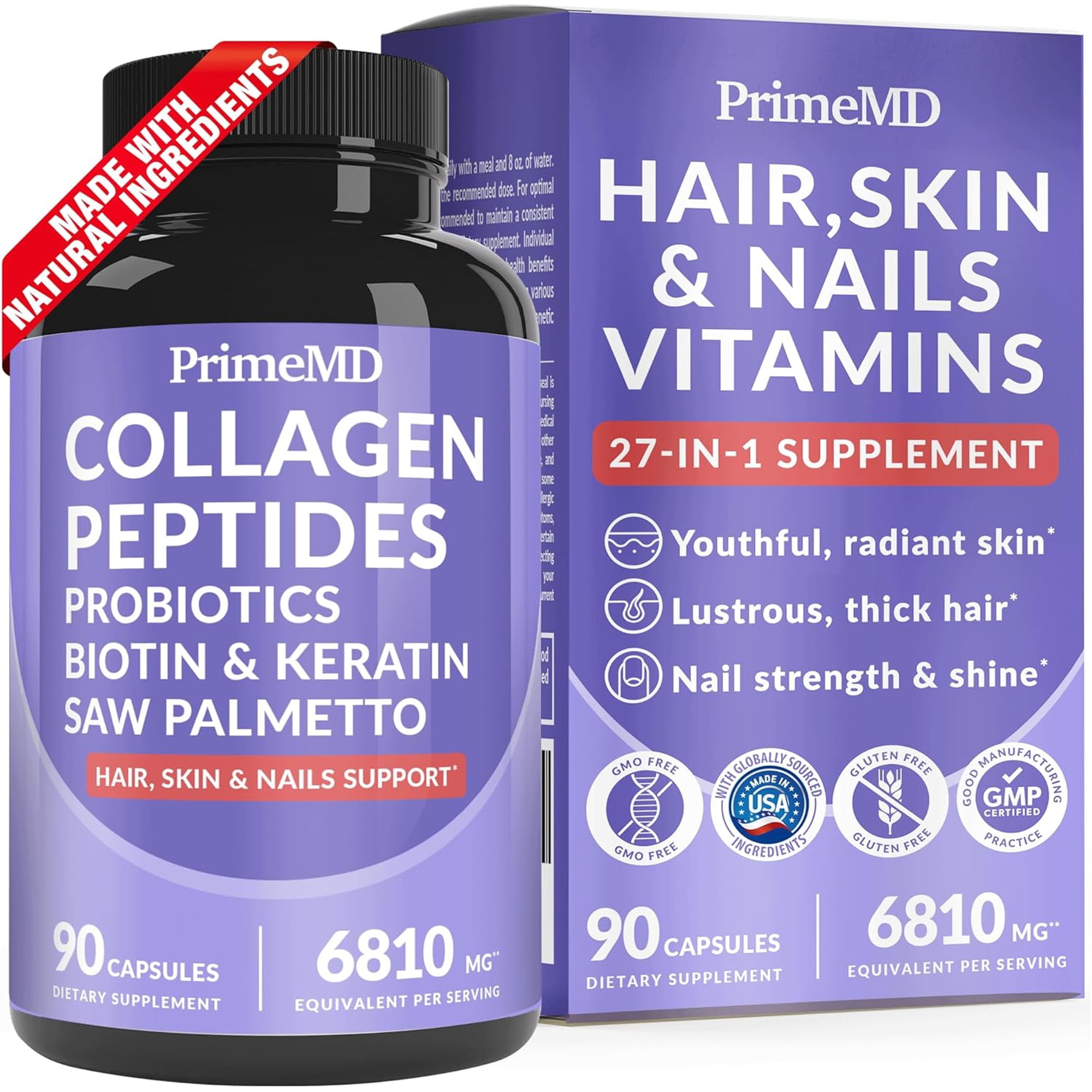 PrimeMD 27-in-1 Collagen Peptides Supplement with Biotin, Keratin, and Saw Palmetto, 90 Count