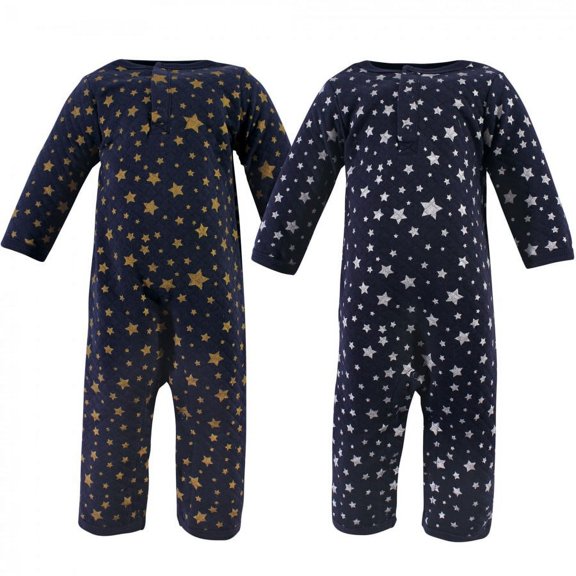 Hudson Baby Infant Premium Quilted Coveralls 2pk, Metallic Stars, 12-18 Months