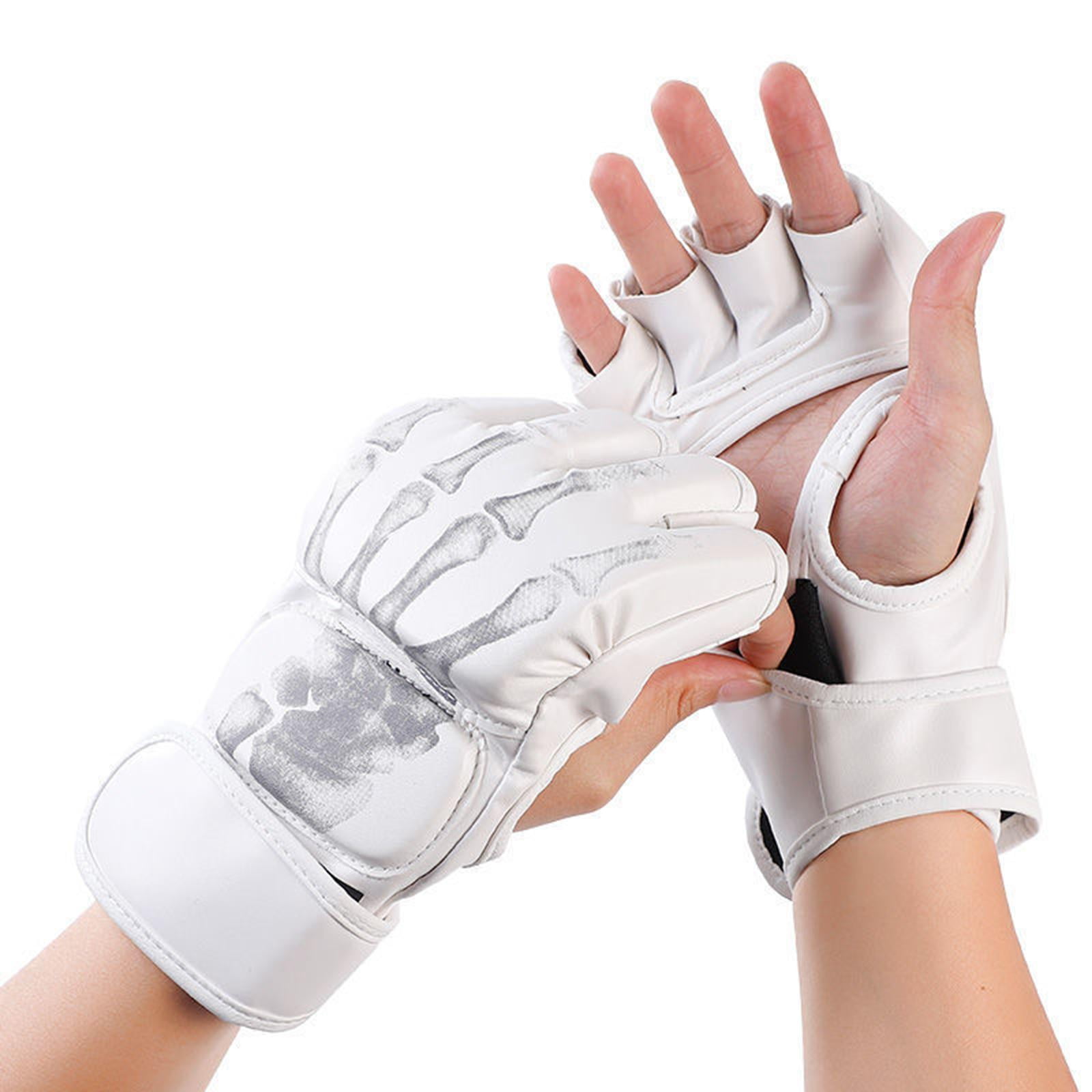 harayaa Boxing Gloves Protective Gear Open Palm MMA Half Mitts Lightweight Breathable PU White Skeleton