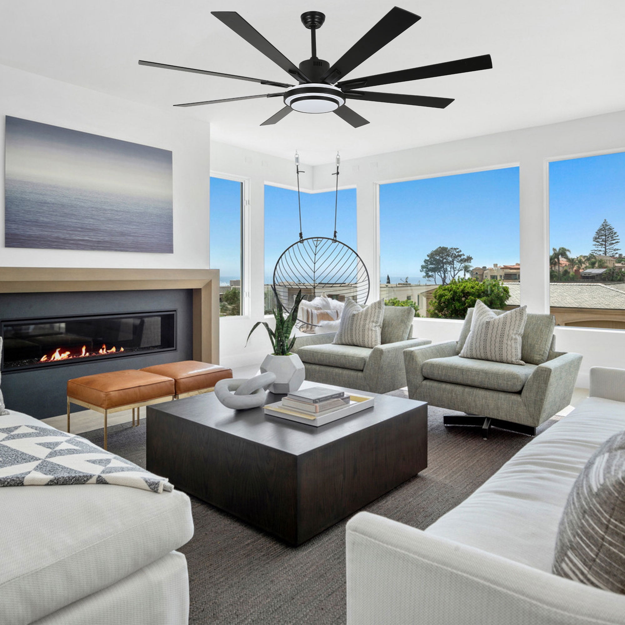 Bella Depot 72" Modern Black LED Ceiling Fan 6-Speed Reversible Chandelier With Dimmable Light and Remote Control