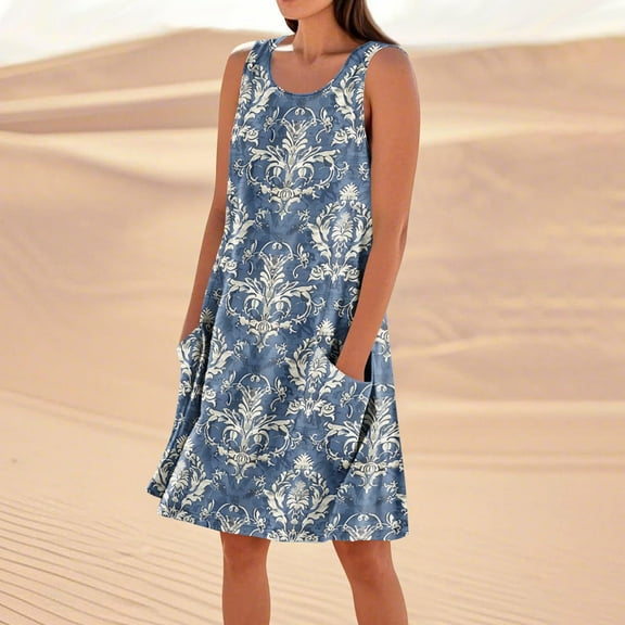 Qulqfy Midi Womens Summer Dresses Cotton Linen Sleeveless Floral Print Wedding Guest Square Neck Work Blue with Pockets Beach Vacation Casual Sundresses L