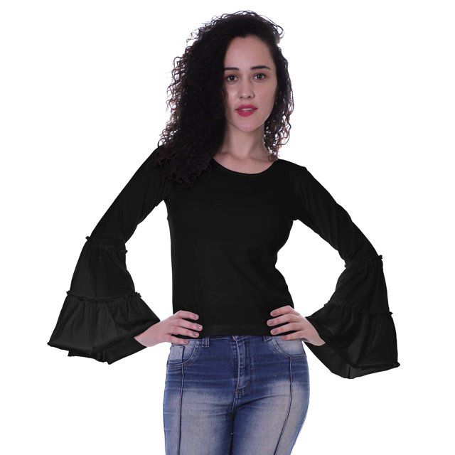 Moomaya T-Shirt à Manches Longues Évasées pour Femmes, Col Rond, Uni, Coupe Décontractée, T-Shirt d'Été