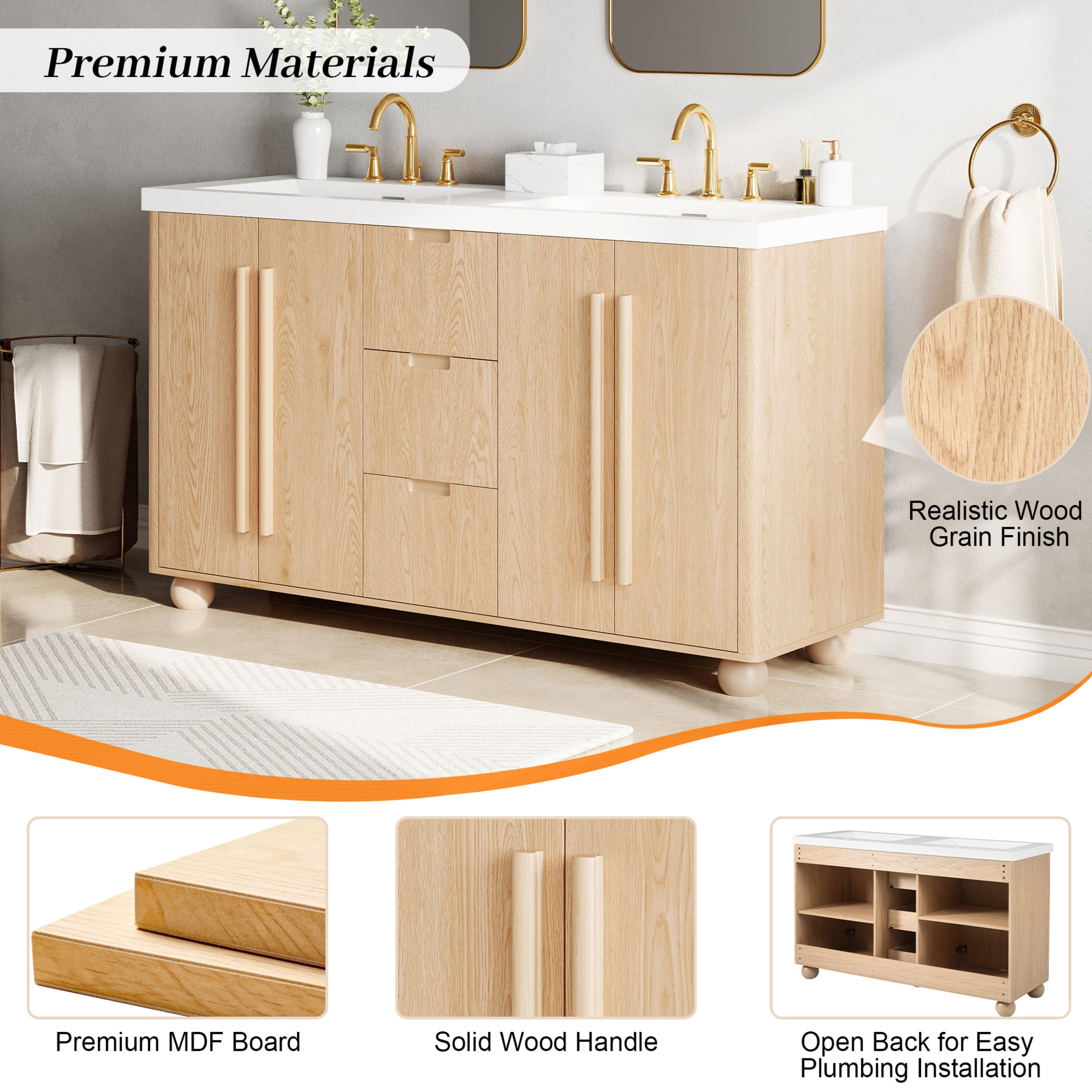 Christopher Knight Home 58.3" Bathroom Vanity Cabinet Only with Soft-Close Doors and Drawers, Wood