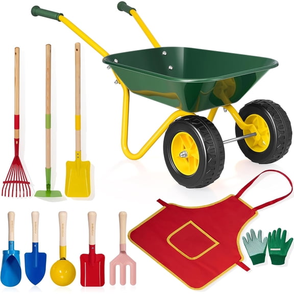 SPECSTAR 11PCS Kids Wheelbarrow Set, Children Garden Cart With Gardening Tools, Apron & Gloves for Fun, Educational Backyard Sand & Garden Play Toy