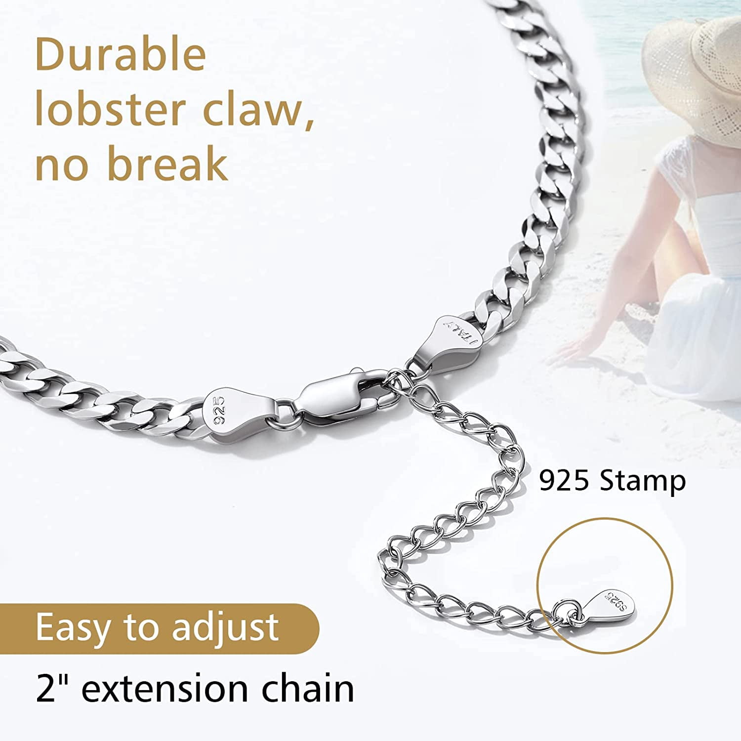 FindChic Womens S925 Sterling Silver Ankle Chains Flat Curb Chain Anklets 8.5" Foot Link Beach Jewelry, with Gift Box