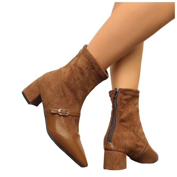 Womens Ankle Boots Pointed Toe Suede High Top Block Heel Stretch Fall Booties Trendy Buckle Strap Back Zipper Short Boots