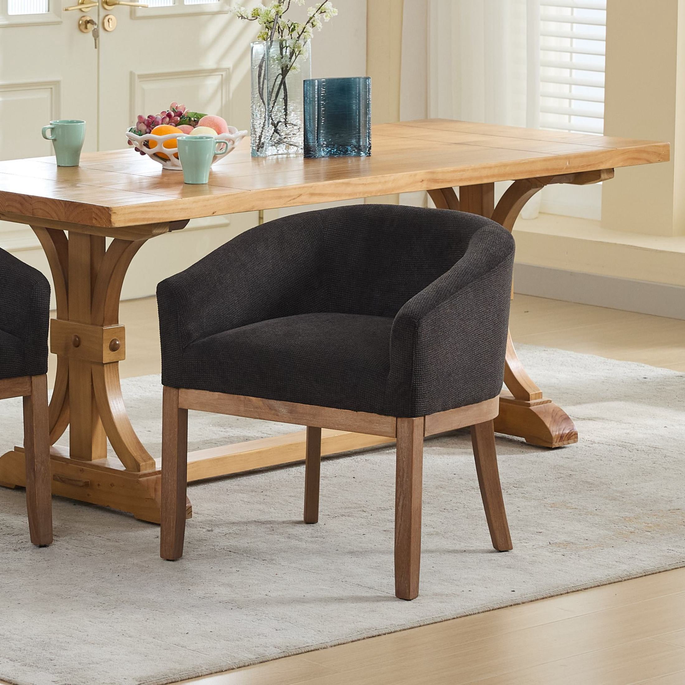 Noble House Barrel Dining Chair with Arms, Linen Upholstery, Rubberwood Frame, Charcoal Gray