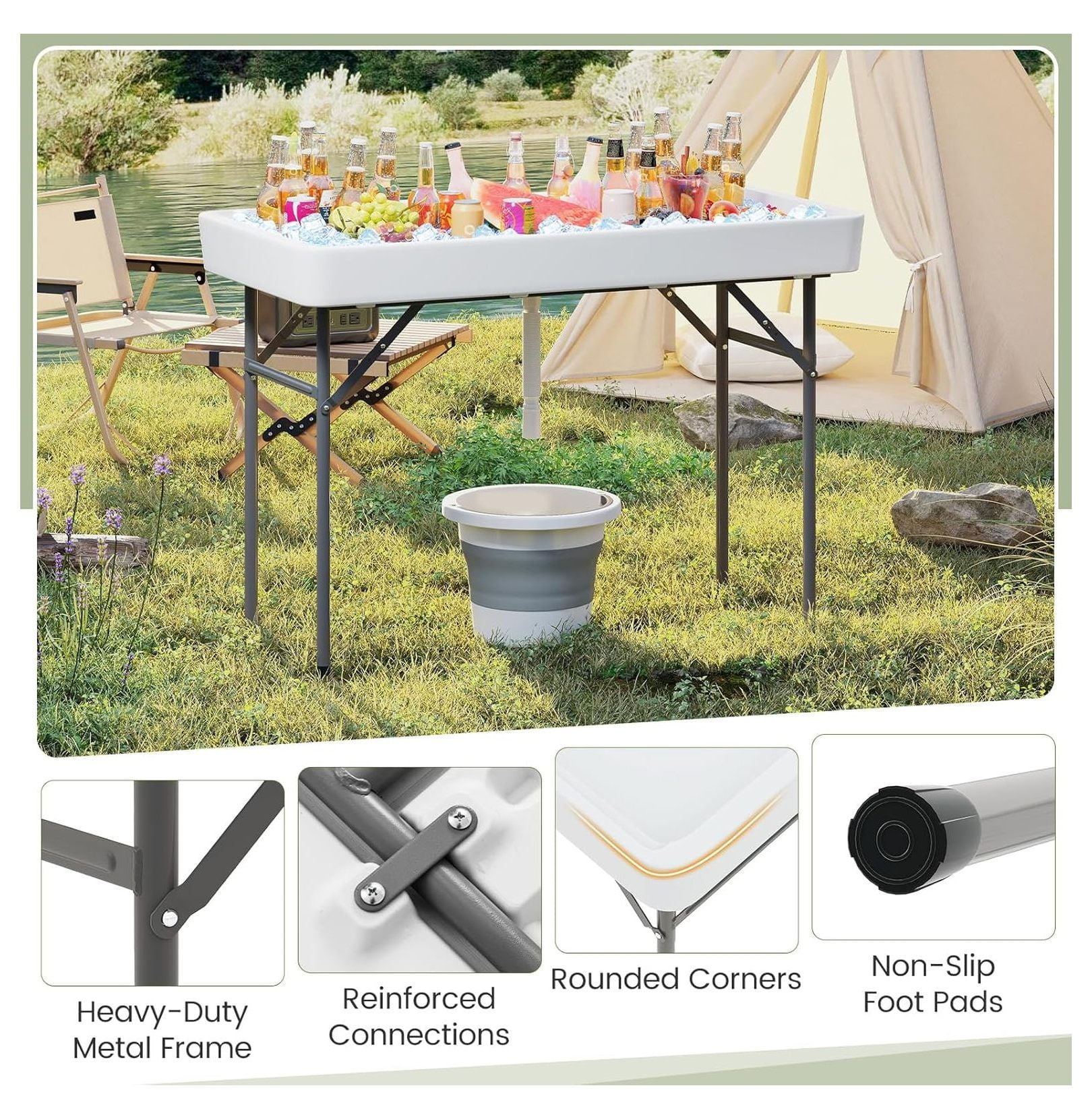 Folding Ice Cooler Table, 4 FT Portable Ice Table with Drain, Matching Skirt & Foldable Bucket, Buffet Beverage Server for Party, Picnic, Camping