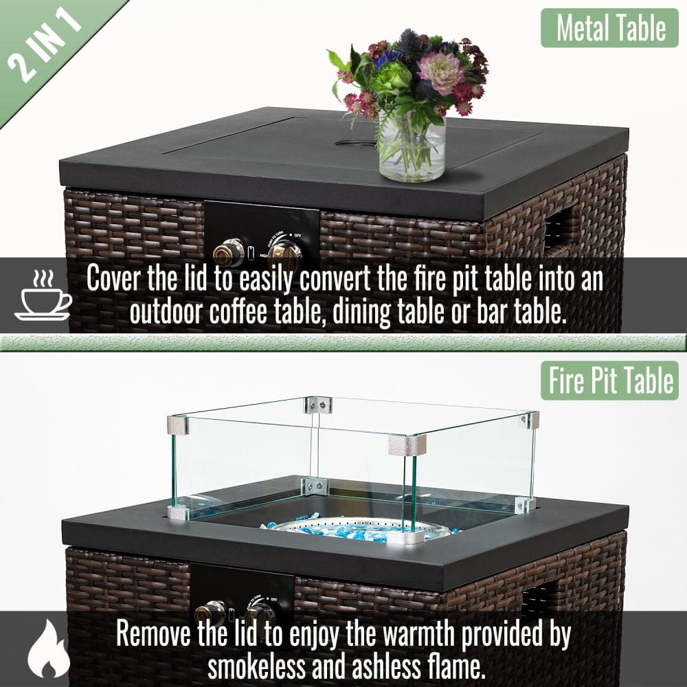 22" Square Gas Fire Pit Table w/Glass Windshield- 50,000 BTU with Wicker-Style Base for Patio