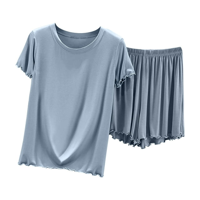 MeetoTime Pajamas for Women Set Summer Soft Ruffled Short Sleeve T-shirt and Shorts Two-piece Set