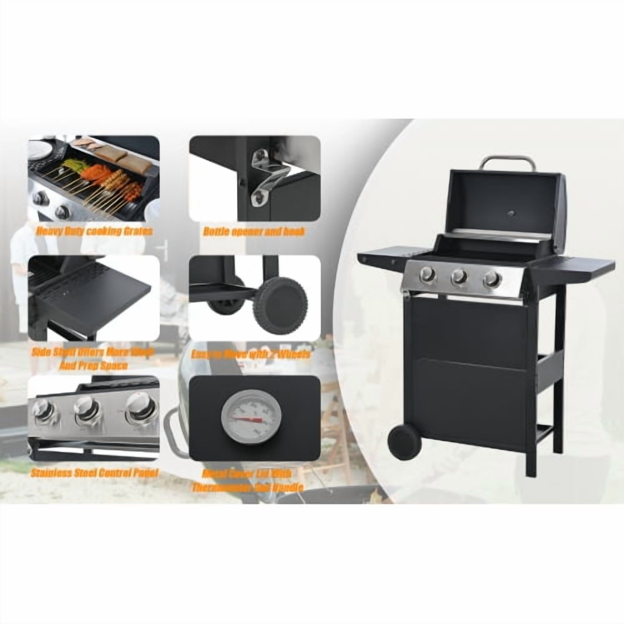 Propane Gas Grill 3 Burner Barbecue Grill, Stainless Steel 26,000 BTU Patio Garden Barbecue Grill with Two Shelves, Lid, Wheels and Bottle Opener