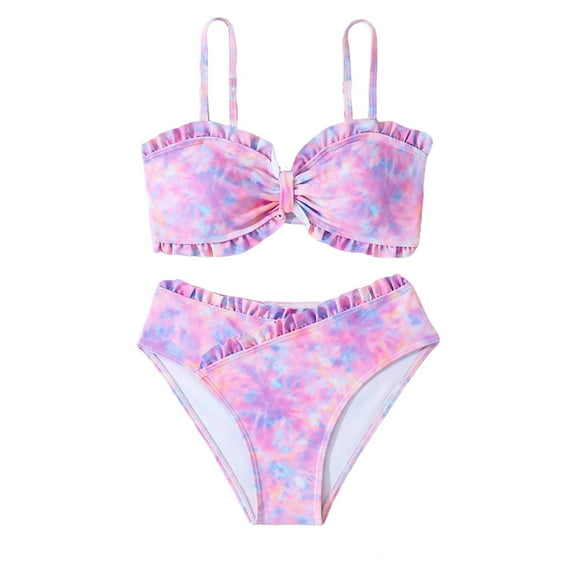 Staki Girls' Bikini Set Girls Swimsuit Bikini Set 2 Piece Bathing Suit Tiered Ruffled Contrast Trim Adjustable Straps Girls Swimwear 7Y,8Y,9Y,10Y,11-12Y(Pink,7-8 Years)