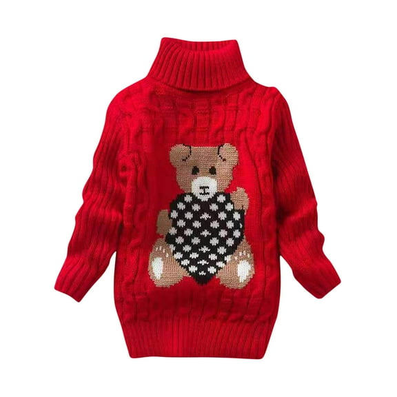 Cute Sweater Girls Fleece Lined Turtleneck Long Sleeve Cable Knit Sweater Bear Print Thick Winter Warm Knitwear Tops, Red, 6 Years
