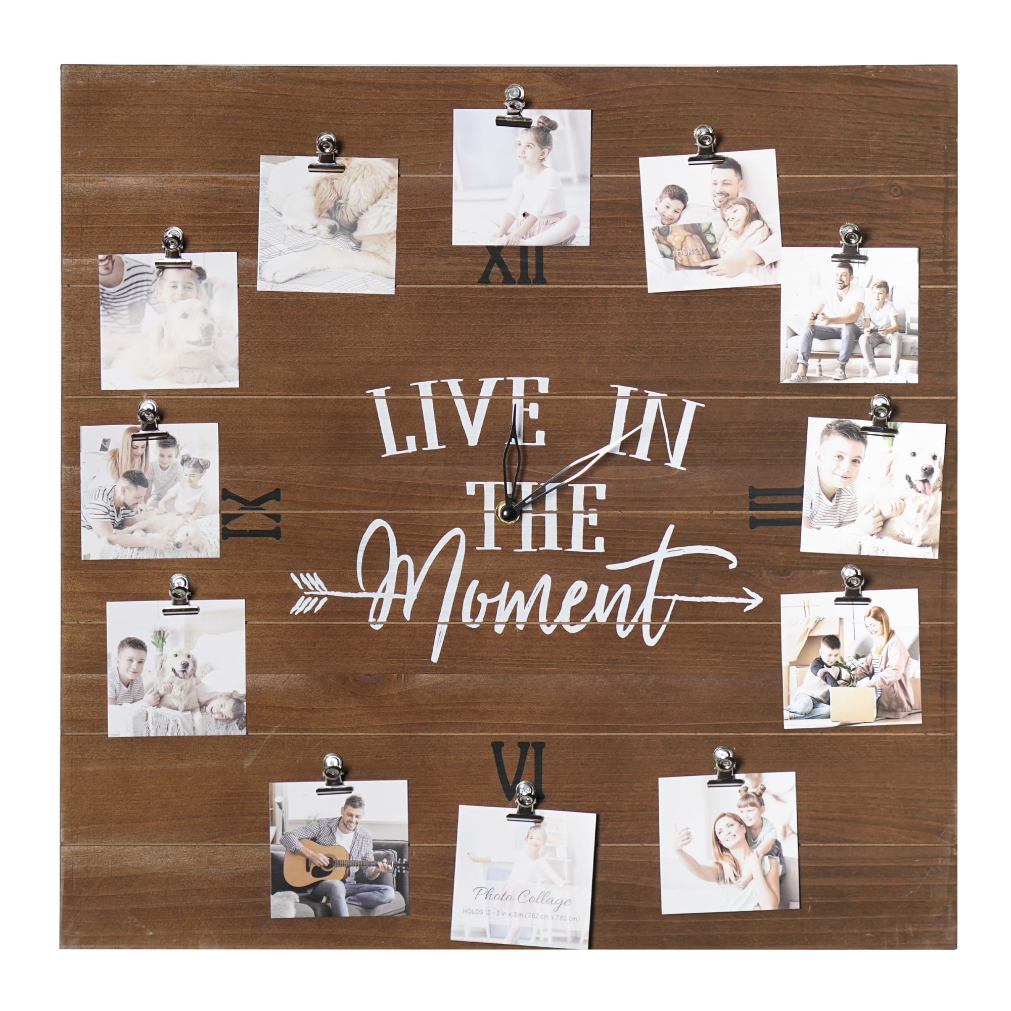 Crystal Art Gallery Live in the Moment Brown Wood Plank Photo Collage Clock with Picture Clip - 20" x 20"