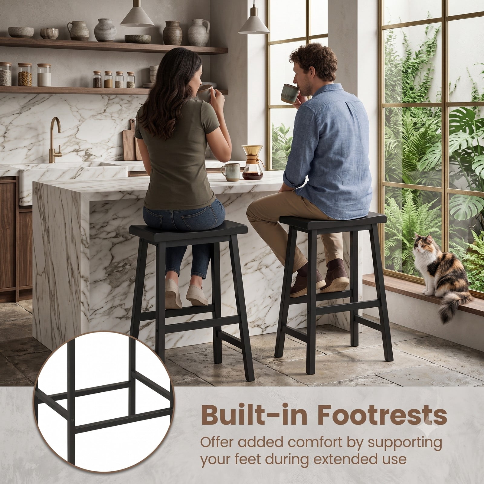 Furnibear 24 Inch Counter Height Bar Stools Set of 2, Solid Wood Saddle Backless Kitchen Island Stools with Footrest and Anti-Slip Pads, 400 lb Capacity, Black
