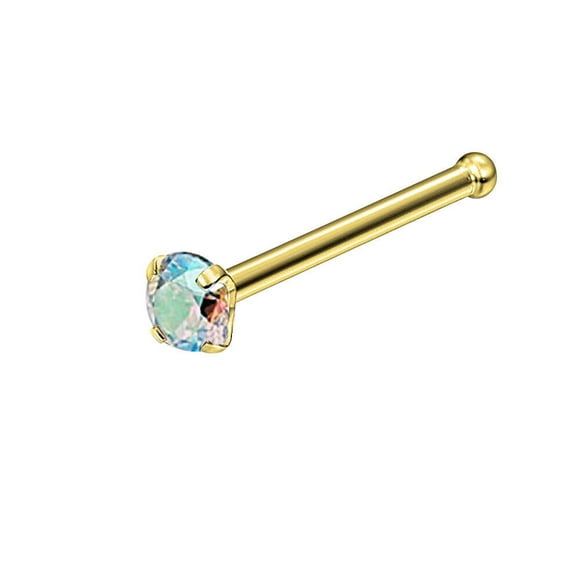 Nose Bone Stud 9Kt Solid Yellow Gold with Prong Set Aurora Borealis CZ 20ga