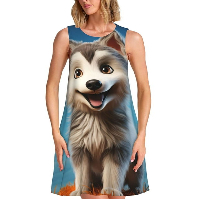 Balery Blue Sky Cute Wolf Vestidos de verano para mujer con estampado: vestido holgado sin mangas, vestido playero informal y cómodo para días calurosos.