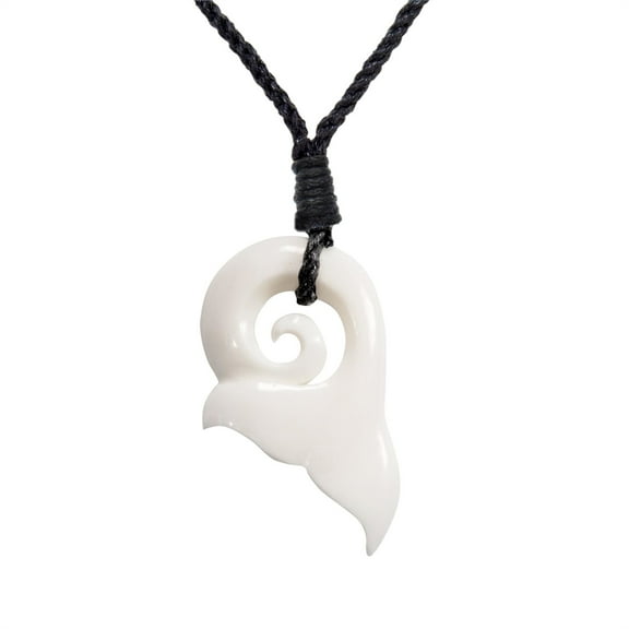 81stgeneration Koru Whale Tail Carved Bone Pendant Hawaii Necklace - Maori Style Jewellery - Handmade Bone Carving - Adjustable Cord Big Tribal Necklace - Surfer Accessories