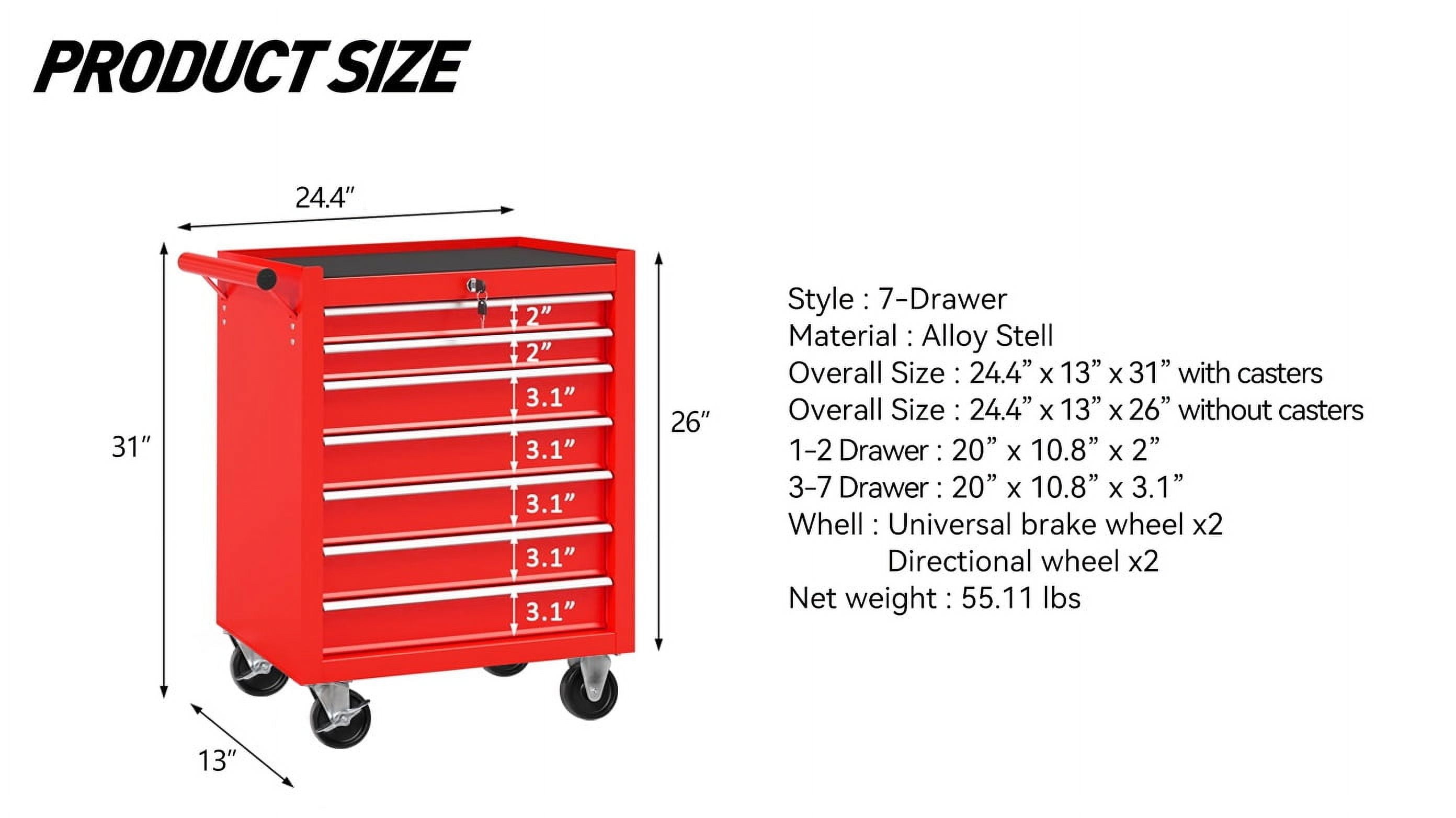 Seizeen Rolling Tool Chest on Wheels, Metal Tool Cart Toolbox Storage Cabinet Organizer W/ 7 Drawers, Red