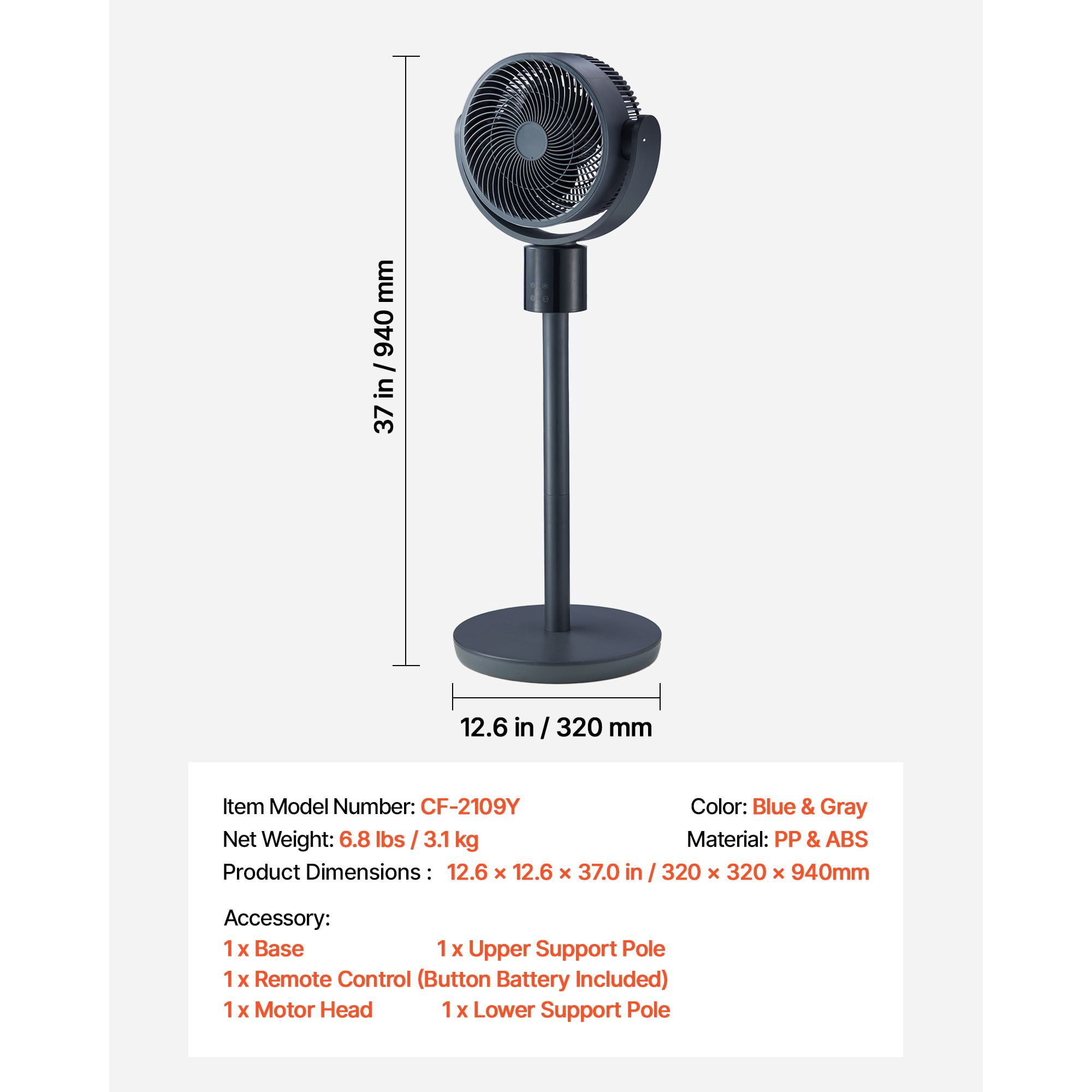 Pedestal Fan with 12 Speeds, 3 Modes, 570 CFM, 43 dB, Adjustable Height 26-36", for Bedroom Living Room Office