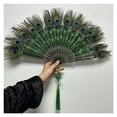 thumbnail image 3 of Peacock Feather Folding Fan, Lolita Performance, Dance Hand Fan with Pendant Gift, Wedding Party Decoration, 3 of 7