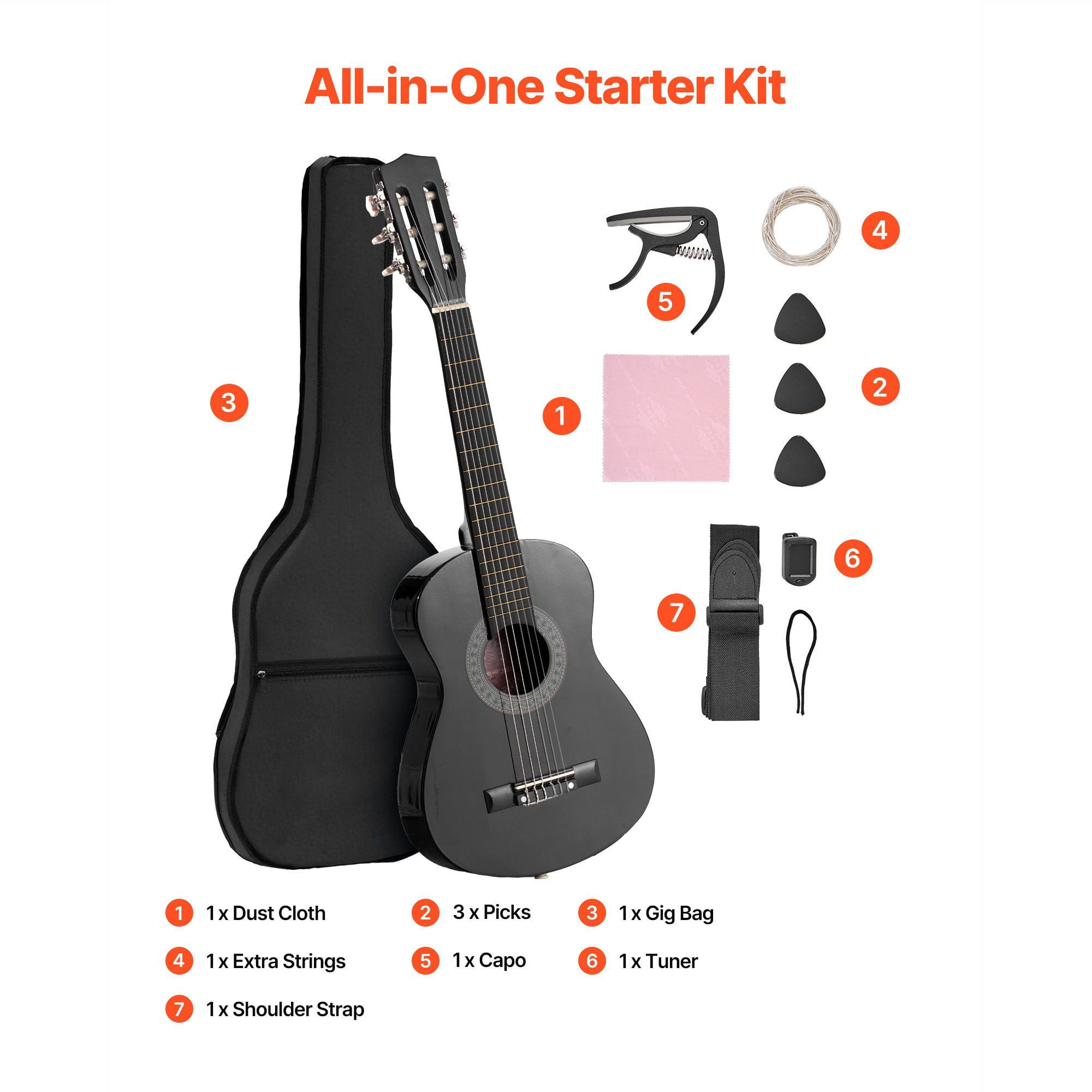 30 inch classical guitar starter kit, nylon strings, wooden, with guitar case, tuner, strap, black