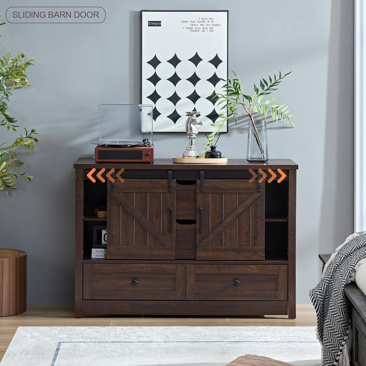 BOSHIRO 4-Drawer Double Sliding Barn Door Dresser, Espresso Brown, Farmhouse Wide Chest for Bedroom and Living Room