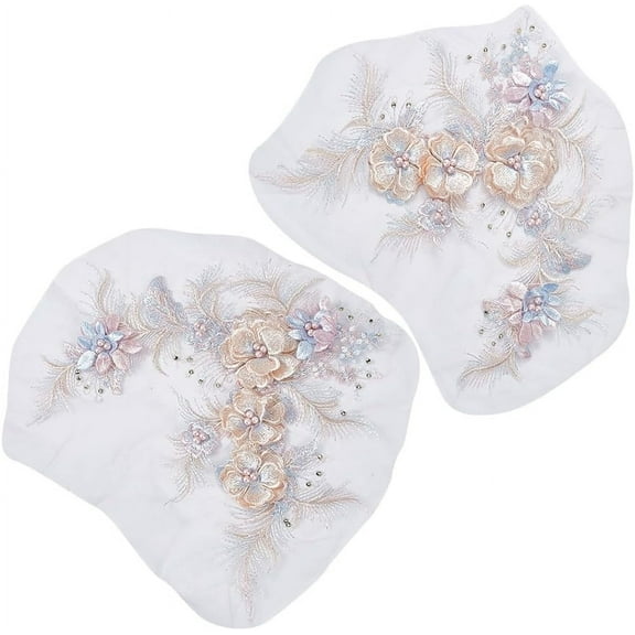 2PCS Luxury Pearl Flower Embroidery Bridal Lace Patches 3D Beaded Tulle Floral Net Gauze Sticker Embroidered Sew on Appliques