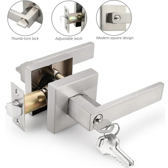 LASIEYO Privacy Door Handle with Lock, Square Heavy Duty Door Handle Lever Set, Interior Passage Door Knob Keyless Door Handles for Bathroom Bedroom Left Right Sided Doors, Silver