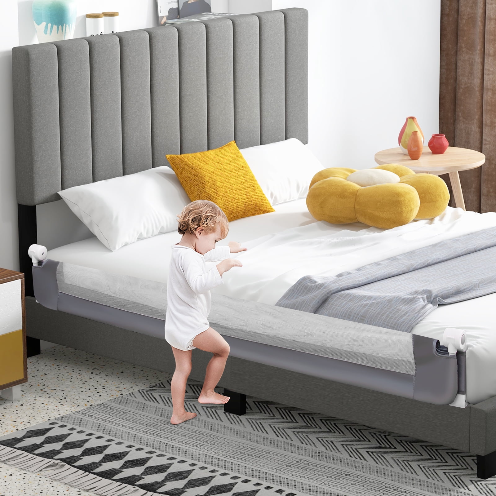 Gymax 71'' Toddler Foldable Bed Rail w/ Adjustable Safety Strap Bedrail Guard Gray