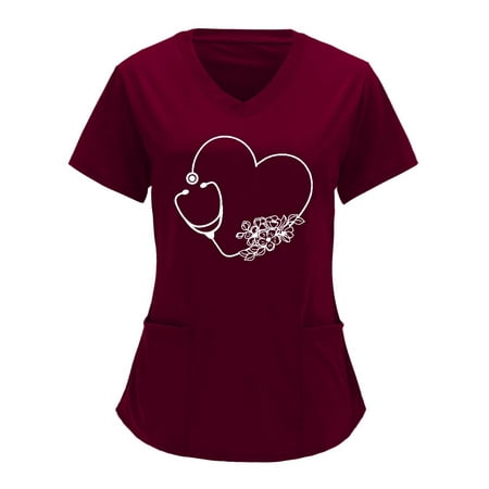 

Yyeselk Women Heart Graphic Print Scrubs Tops Nurse Uniforms Working Short Sleeve V Neck T-Shirt with Pockets Blouses Tee Shirts Tshirt(Wine L)