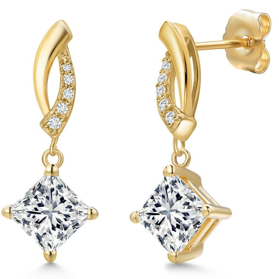 Gem Stone King 2.00 Cttw IGI Certified Lab Grown Diamond Dangle Earrings for Women in 14K Yellow Gold | 1 Ct each Princess Cut | VS1 Clarity | E-F Color