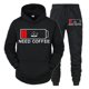 thumbnail image 2 of Conjunto de 2 piezas de sudadera y pantalón divertidos para hombre con estampado "Need Coffee" de manga larga con capucha y patrón de batería baja, ropa deportiva, 2 of 5