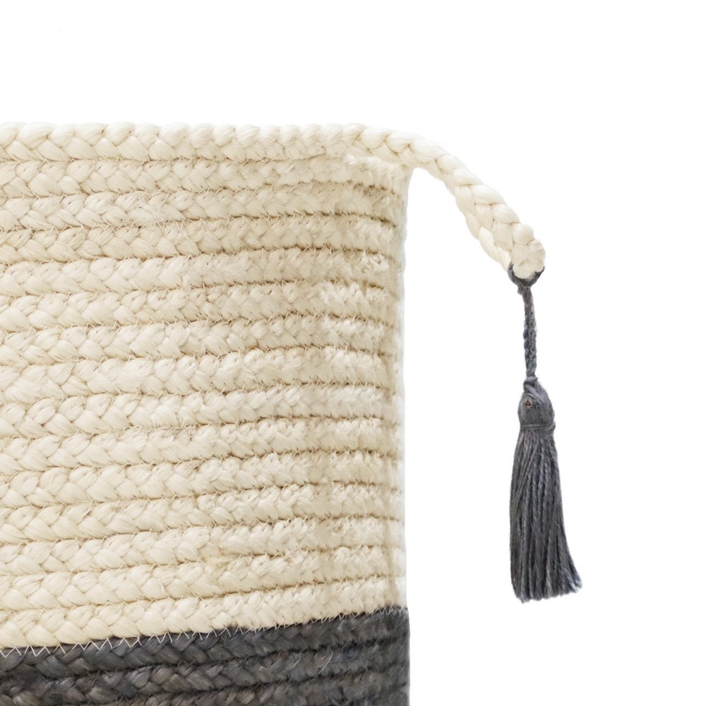 LR Home Woven Round Jute 19" Storage Basket with Handles, Gray/White Stripe