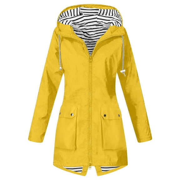 GEWSEY Rain Jacket for Women Lightweight Long Hooded Raincoat Waterproof Outdoor Travel Hiking Windbreaker Trench Coats (Yellow, XL)