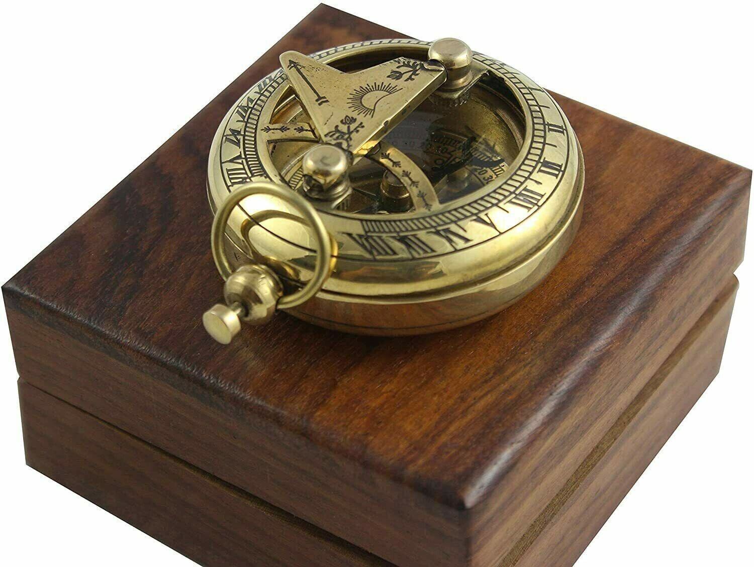 Antique Brass Compass With Wooden Box Navigation Sundial Compass For Gift Item