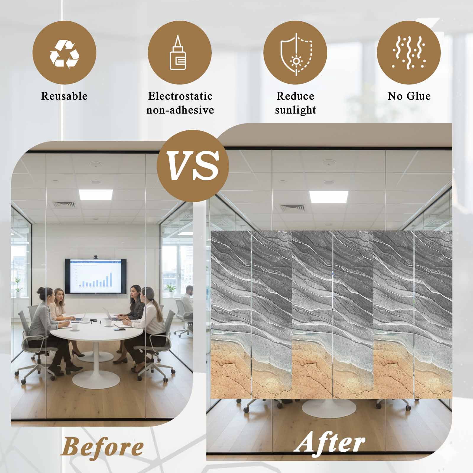 Abstract Grey Window Privacy Film, Ocean Beach Waves Lines Gradient Frosted Glass Window Clings Static Cling UV Heat Blocking Reusable Door Sticker for Bathroom 23.6 x 59 Inch