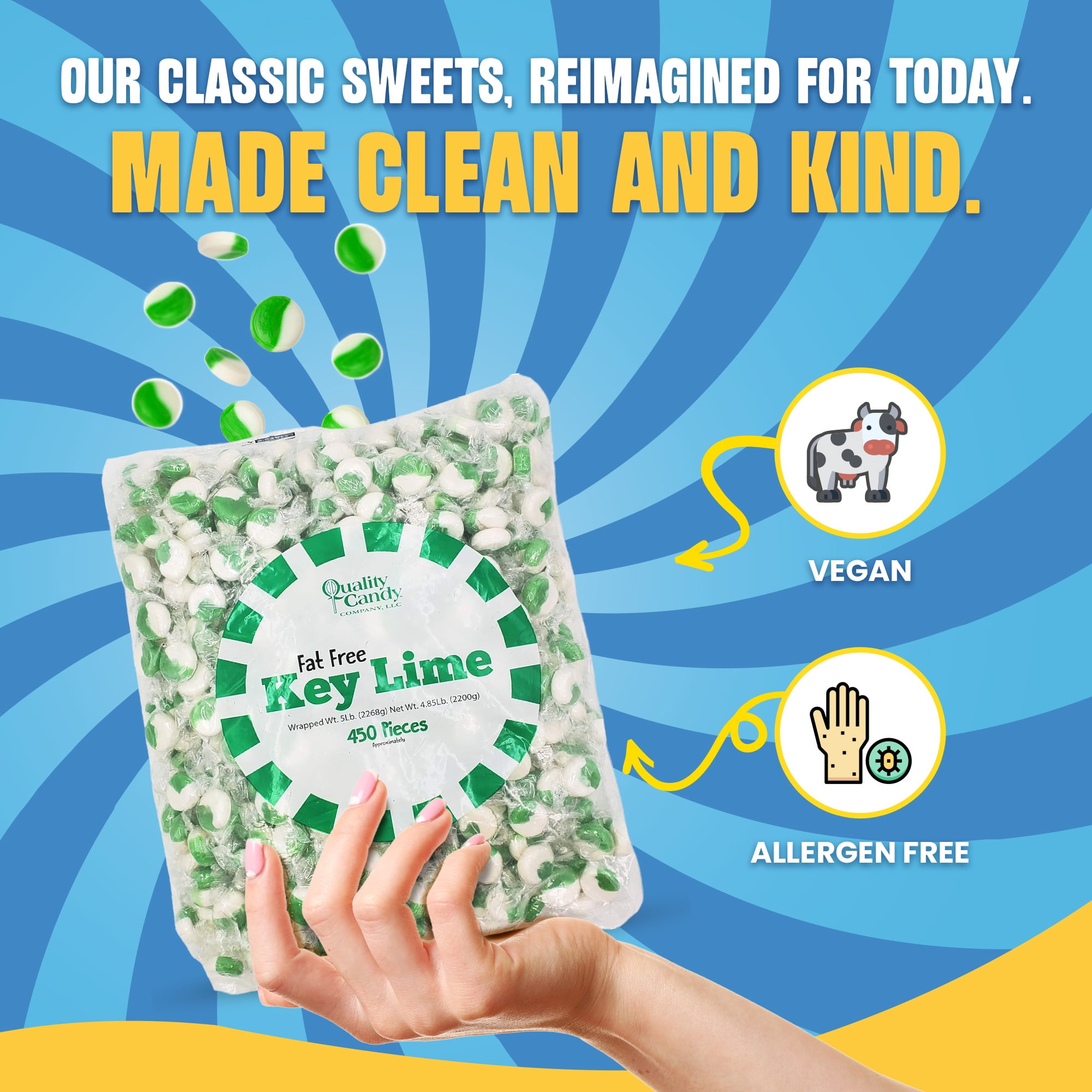 Quality Candy Company Key Lime Discs – Sweet & Tangy Green Hard Candy Made with Real Lime Flavor – Individually Wrapped for Restaurants, Parties & Everyday Treats, 5 LB Bulk Bag