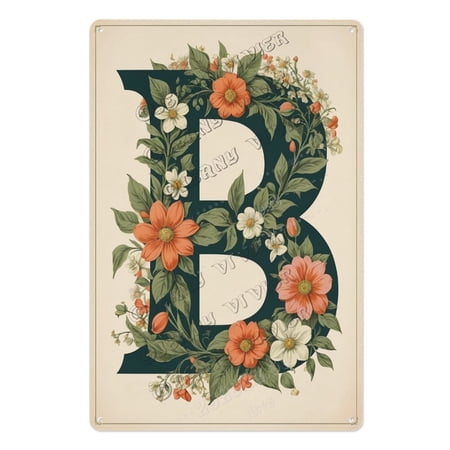 Floral Letter 'B' Tin Sign – Beautiful Initial Wall Art for Home & Nursery, Ideal Gift for New Parents, Birthdays, and Personalized Spaces 8x12 inch