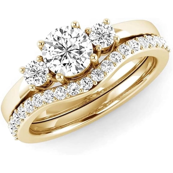 Gems Jewels 2.62 Ct Round Cut White Diamond Engagement Wedding Thanksgiving Christmas Bridal Ring Set 14K Yellow Gold Plated 925 Sterling Silver For Women's -7.5