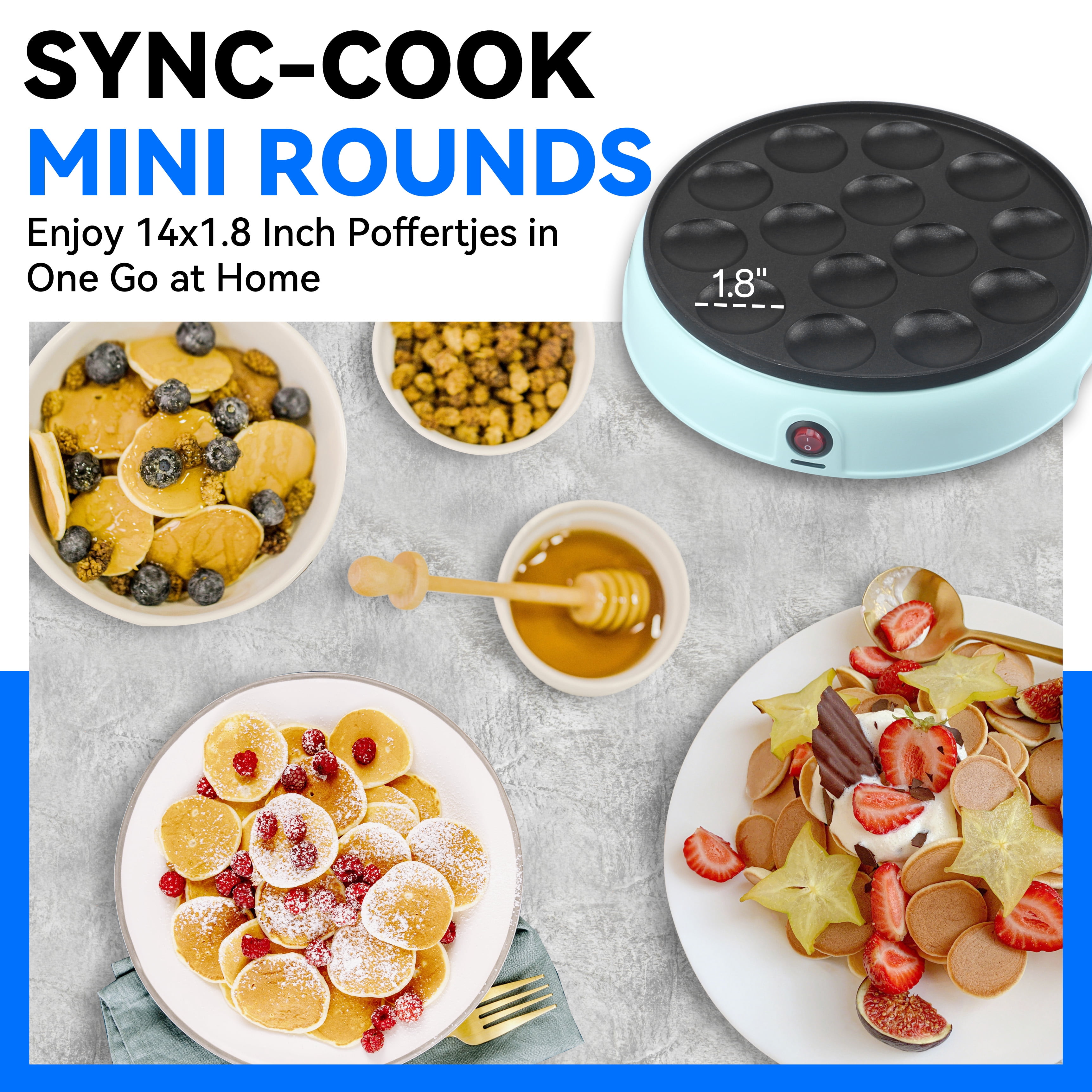 Mailand  Electric Dutch Pancakes Maker, 14 x 1.8" Holes Mini Pancakes Machine, Non Stick Coating, Aqua