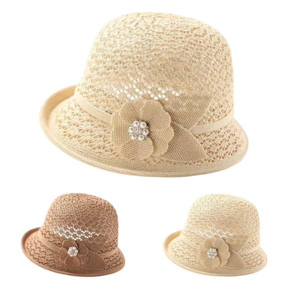 WHEANG Breathable Straw Hats for Women, Elegant Pearl Floral Sun Hat, UPF50 Wide Brim Beach Sun Hat, Packable Outdoor Vacation Summer Fisherman Cap(Beige)