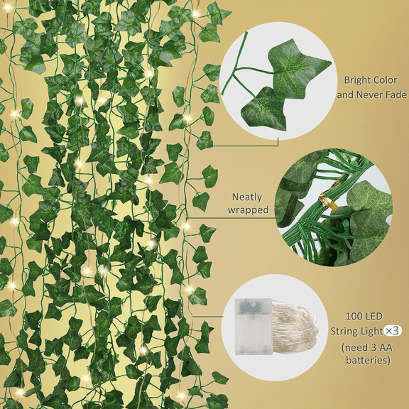 Artificial Ivy Vines 250 FT with 300 LED String Light Leaf Garland Fake Hanging Plants for Long Leaves Greenery Room Garden Office Wedding Wall Shower Patio Outdoor Indoor Decor (36 Pack)