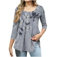 thumbnail image 2 of JTZGDY Summer Tunic Tops for Women Dressy Casual 2025 Fashion 3/4 Lenght Sleeve Floral Printed Ruched Pleated Crewneck Graphic T-Shirts Loose Fit Curvy Hem Blouse Gray#01 S, 2 of 7