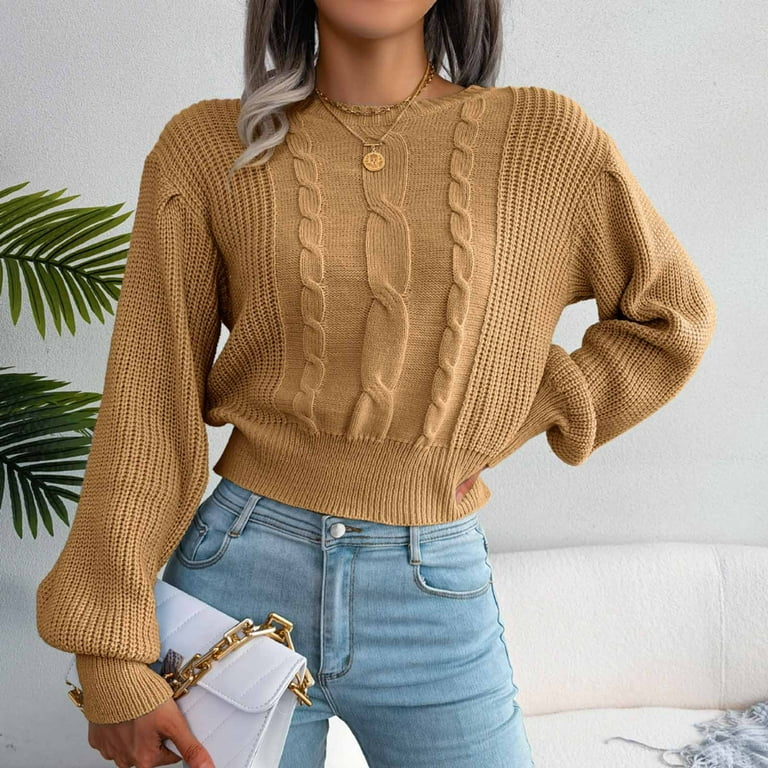 Juebong Women's Cropped Sweater, Round Neck Long Sleeve Juebong Women's Cropped Sweater, Round Neck Long Sleeve