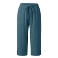 thumbnail image 6 of JFGHDG Women's Casual Linen Cropped Pants High Waisted Drawstring Elastic Waist Wide Leg Capri Pants with Pockets and Split Hem Blue 4XL, 6 of 7