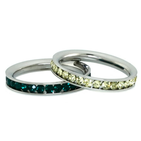 Emerald Steel Stainless Steel Eternity 3 mm Citrine & Emerald Color Crystal Stackable Rings (2 pieces) Set ()